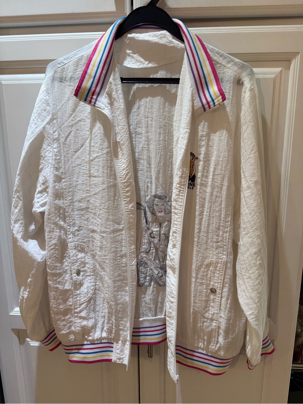 Off White Women's golf Lightweight winbreak Jacket  with Multicolor Stripe Trim